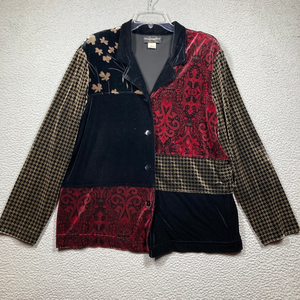 Requirements‎ Shirt Women Large Multicolor Velvet Patchwork Paisley Houndstooth